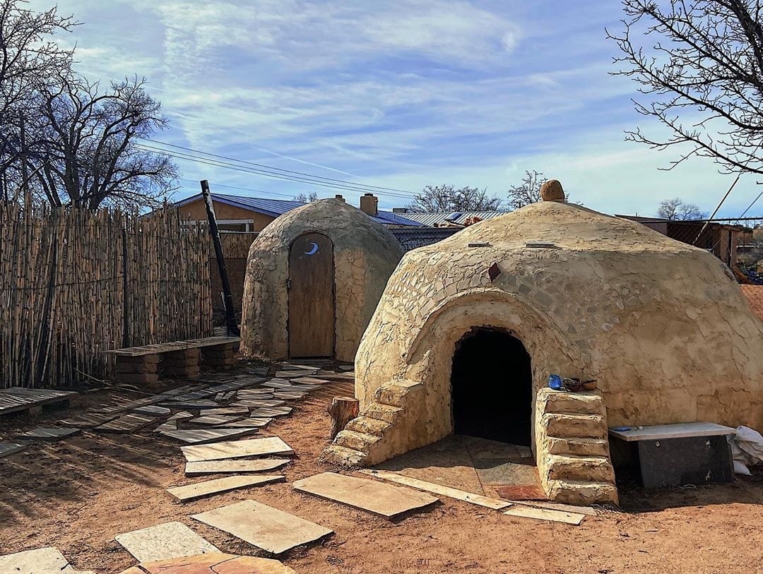 The cement sweat lodge and Kiva at the Church of the Spiritual Path, Albuquerque, New Mexico — hand-built earthen dome structures used for ceremony and traditional practice
